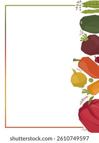 Vector illustration of a colorful vegetable border featuring peppers, carrots, beets, and zucchini. Perfect for designs requiring a natural, healthy theme with white space for text.