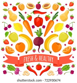 Vector illustration of colorful vegetables and fruits. Vector flat illustration