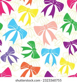 Vector illustration. Colorful vibrant bow seamless repeat pattern with outlined bows in background.