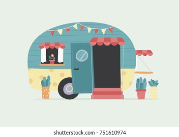 Vector illustration of colorful vintage camper with succulent planters outside