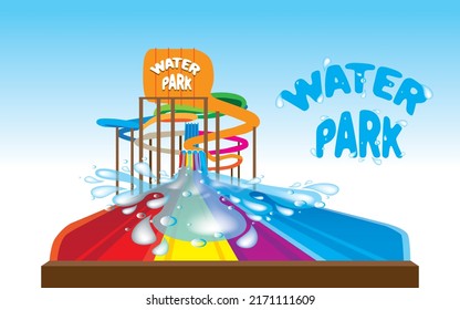 Vector illustration of colorful water slides in outdoor aqua park.