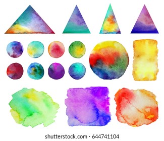 Vector illustration. . Colorful watercolor splashes isolated on white background. Rainbow blots. Hand drawn geometric elements. Bright and teen. Brush paint. Set of 17 spots