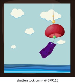 Vector illustration of colorful wind bells hanging at the window.