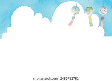 Vector illustration of colorful wind chimes in blue sky