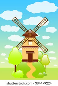 The vector illustration of the colorful windmill on the hill under the sky