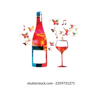 Vector illustration of colorful wine bottle and glass. Colorful tableware design for restaurant poster, restaurant menu, wine tasting, music events