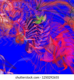 Vector illustration of a colorful wireframe structure formed by the interweaving of smoothly curved lines. A complex plexus backdrop resembling a fractal pattern. Crazy art concept.