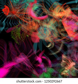 Vector illustration of a colorful wireframe structure formed by the interweaving of smoothly curved lines. A complex plexus backdrop resembling a fractal pattern. Crazy art concept.