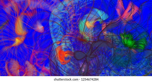 Vector illustration of a colorful wireframe structure formed by the interweaving of smoothly curved lines. A complex plexus backdrop resembling a fractal pattern. Crazy art concept.