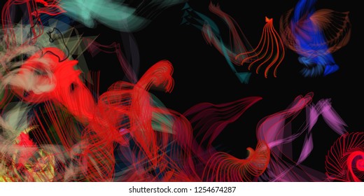Vector illustration of a colorful wireframe structure formed by the interweaving of smoothly curved lines. A complex plexus backdrop resembling a fractal pattern. Crazy art concept.