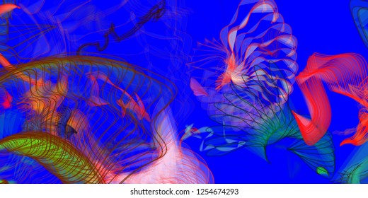 Vector illustration of a colorful wireframe structure formed by the interweaving of smoothly curved lines. A complex plexus backdrop resembling a fractal pattern. Crazy art concept.