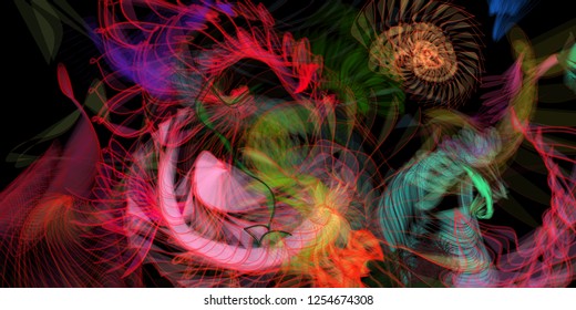 Vector illustration of a colorful wireframe structure formed by the interweaving of smoothly curved lines. A complex plexus backdrop resembling a fractal pattern. Crazy art concept.