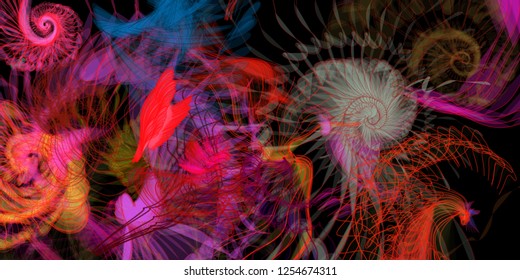 Vector illustration of a colorful wireframe structure formed by the interweaving of smoothly curved lines. A complex plexus backdrop resembling a fractal pattern. Crazy art concept.