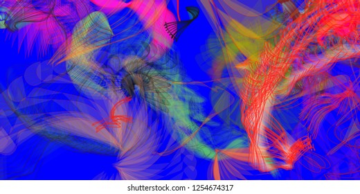 Vector illustration of a colorful wireframe structure formed by the interweaving of smoothly curved lines. A complex plexus backdrop resembling a fractal pattern. Crazy art concept.