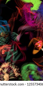 Vector illustration of a colorful wireframe structure formed by the interweaving of smoothly curved lines. A complex plexus backdrop resembling a fractal pattern. Crazy art concept.