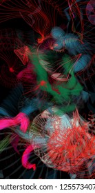 Vector illustration of a colorful wireframe structure formed by the interweaving of smoothly curved lines. A complex plexus backdrop resembling a fractal pattern. Crazy art concept.