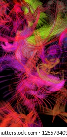 Vector illustration of a colorful wireframe structure formed by the interweaving of smoothly curved lines. A complex plexus backdrop resembling a fractal pattern. Crazy art concept.