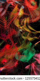 Vector illustration of a colorful wireframe structure formed by the interweaving of smoothly curved lines. A complex plexus backdrop resembling a fractal pattern. Crazy art concept.