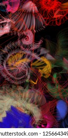 Vector illustration of a colorful wireframe structure formed by the interweaving of smoothly curved lines. A complex plexus backdrop resembling a fractal pattern. Crazy art concept.