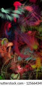 Vector illustration of a colorful wireframe structure formed by the interweaving of smoothly curved lines. A complex plexus backdrop resembling a fractal pattern. Crazy art concept.