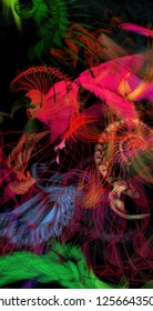 Vector illustration of a colorful wireframe structure formed by the interweaving of smoothly curved lines. A complex plexus backdrop resembling a fractal pattern. Crazy art concept.