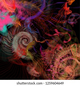 Vector illustration of a colorful wireframe structure formed by the interweaving of smoothly curved lines. A complex plexus backdrop resembling a fractal pattern. Crazy art concept.