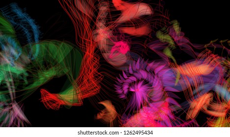 Vector illustration of a colorful wireframe structure formed by the interweaving of smoothly curved lines. A complex plexus backdrop resembling a fractal pattern. Crazy art concept.