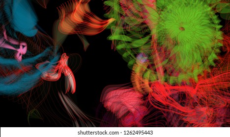 Vector illustration of a colorful wireframe structure formed by the interweaving of smoothly curved lines. A complex plexus backdrop resembling a fractal pattern. Crazy art concept.