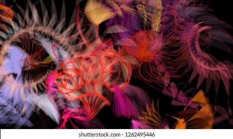 Vector illustration of a colorful wireframe structure formed by the interweaving of smoothly curved lines. A complex plexus backdrop resembling a fractal pattern. Crazy art concept.