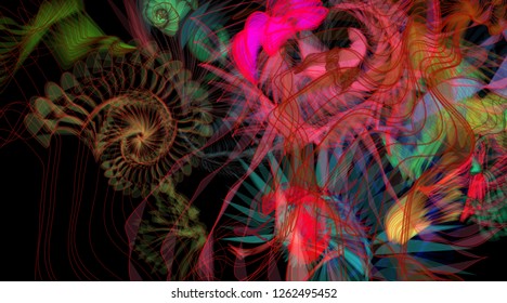 Vector illustration of a colorful wireframe structure formed by the interweaving of smoothly curved lines. A complex plexus backdrop resembling a fractal pattern. Crazy art concept.