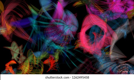 Vector illustration of a colorful wireframe structure formed by the interweaving of smoothly curved lines. A complex plexus backdrop resembling a fractal pattern. Crazy art concept.