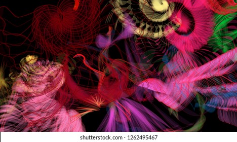 Vector illustration of a colorful wireframe structure formed by the interweaving of smoothly curved lines. A complex plexus backdrop resembling a fractal pattern. Crazy art concept.