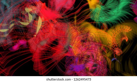 Vector illustration of a colorful wireframe structure formed by the interweaving of smoothly curved lines. A complex plexus backdrop resembling a fractal pattern. Crazy art concept.