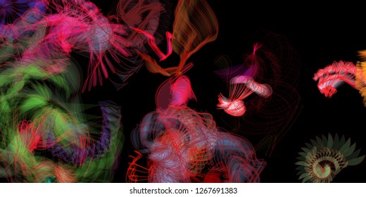 Vector illustration of a colorful wireframe structure formed by the interweaving of smoothly curved lines. A complex plexus backdrop resembling a fractal pattern. Crazy art concept.