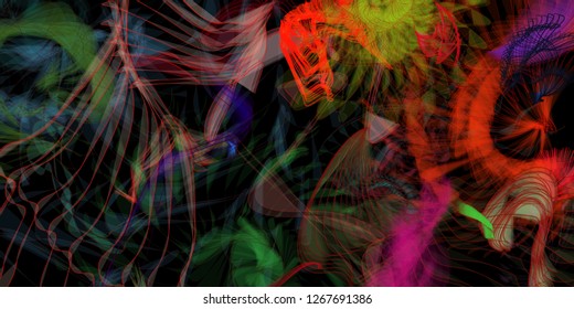 Vector illustration of a colorful wireframe structure formed by the interweaving of smoothly curved lines. A complex plexus backdrop resembling a fractal pattern. Crazy art concept.
