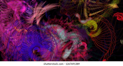 Vector illustration of a colorful wireframe structure formed by the interweaving of smoothly curved lines. A complex plexus backdrop resembling a fractal pattern. Crazy art concept.