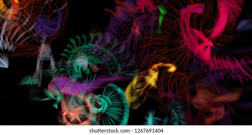 Vector illustration of a colorful wireframe structure formed by the interweaving of smoothly curved lines. A complex plexus backdrop resembling a fractal pattern. Crazy art concept.
