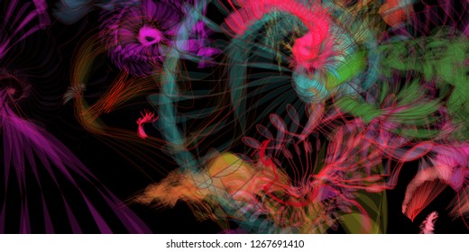 Vector illustration of a colorful wireframe structure formed by the interweaving of smoothly curved lines. A complex plexus backdrop resembling a fractal pattern. Crazy art concept.