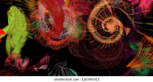 Vector illustration of a colorful wireframe structure formed by the interweaving of smoothly curved lines. A complex plexus backdrop resembling a fractal pattern. Crazy art concept.