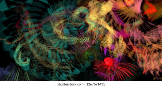 Vector illustration of a colorful wireframe structure formed by the interweaving of smoothly curved lines. A complex plexus backdrop resembling a fractal pattern. Crazy art concept.