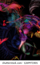 Vector illustration of a colorful wireframe structure formed by the interweaving of smoothly curved lines. A complex plexus backdrop resembling a fractal pattern. Crazy art concept.