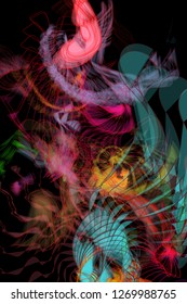 Vector illustration of a colorful wireframe structure formed by the interweaving of smoothly curved lines. A complex plexus backdrop resembling a fractal pattern. Crazy art concept.