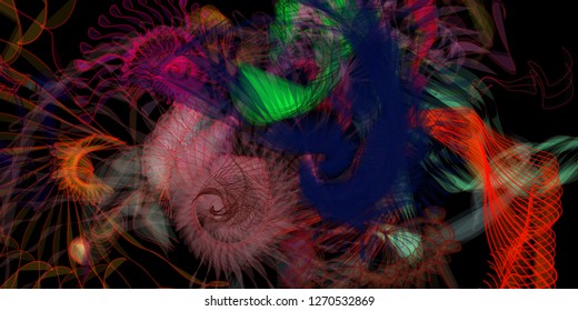 Vector illustration of a colorful wireframe structure formed by the interweaving of smoothly curved lines. A complex plexus backdrop resembling a fractal pattern. Crazy art concept.