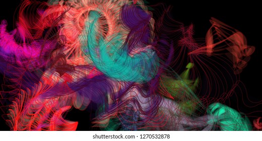 Vector illustration of a colorful wireframe structure formed by the interweaving of smoothly curved lines. A complex plexus backdrop resembling a fractal pattern. Crazy art concept.