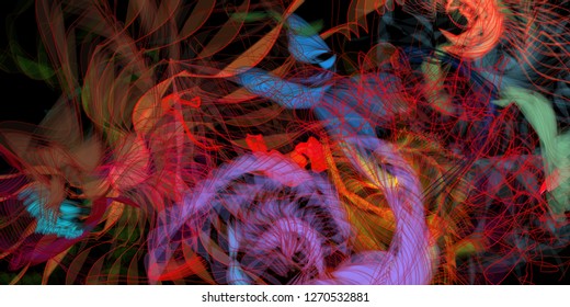Vector illustration of a colorful wireframe structure formed by the interweaving of smoothly curved lines. A complex plexus backdrop resembling a fractal pattern. Crazy art concept.