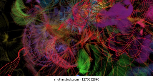 Vector illustration of a colorful wireframe structure formed by the interweaving of smoothly curved lines. A complex plexus backdrop resembling a fractal pattern. Crazy art concept.