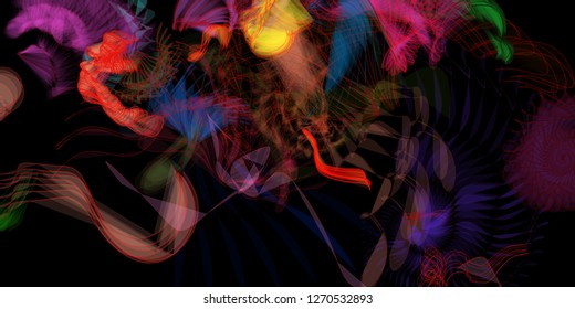 Vector illustration of a colorful wireframe structure formed by the interweaving of smoothly curved lines. A complex plexus backdrop resembling a fractal pattern. Crazy art concept.