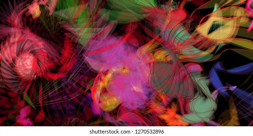Vector illustration of a colorful wireframe structure formed by the interweaving of smoothly curved lines. A complex plexus backdrop resembling a fractal pattern. Crazy art concept.
