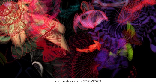 Vector illustration of a colorful wireframe structure formed by the interweaving of smoothly curved lines. A complex plexus backdrop resembling a fractal pattern. Crazy art concept.