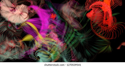 Vector illustration of a colorful wireframe structure formed by the interweaving of smoothly curved lines. A complex plexus backdrop resembling a fractal pattern. Crazy art concept.